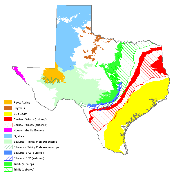 Map of the nine major aquifers of Texas, color-coded with outcrop and subcrop areas, published by the Texas Water Development Board.